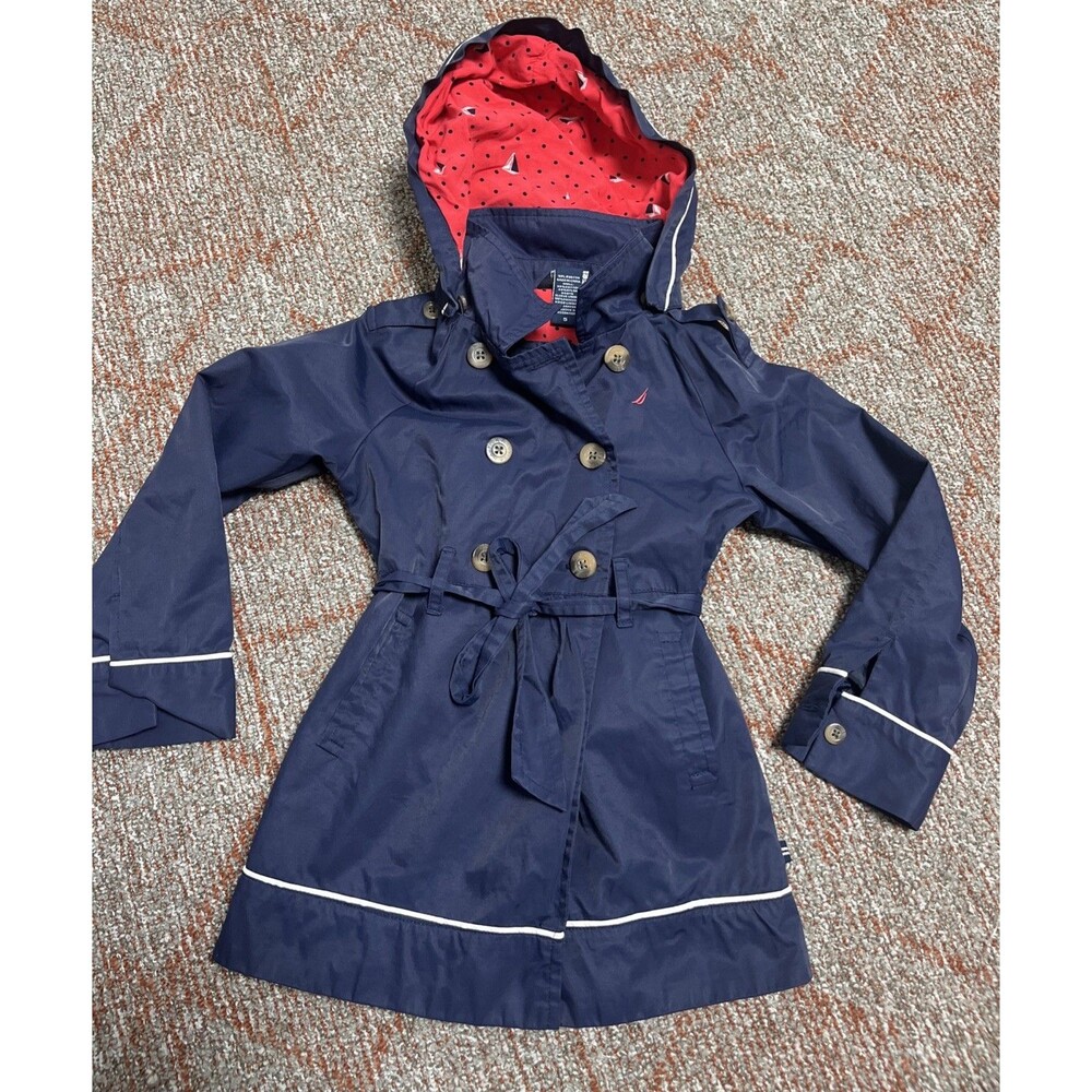 NAUTICA Girls Button Front Hooded Trench Coat Jacket Vintage Blue/Red Size 6